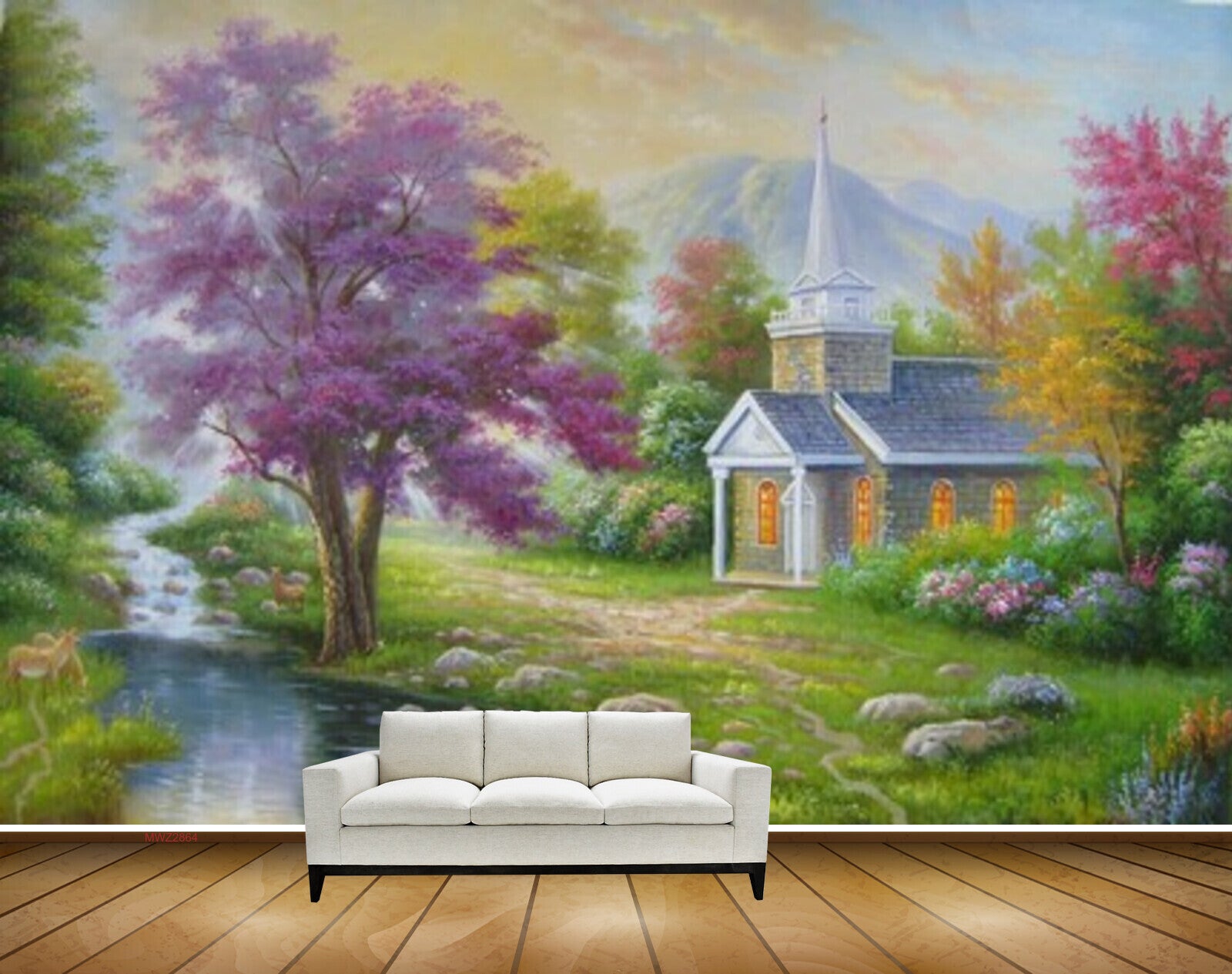 Avikalp MWZ2864 Sky Trees Houses Grass Stones Pink Yellow Leaves Mounatins River Pond Water Painting HD Wallpaper Avikalp MWZ2864 Sky Trees Houses Grass Stones Pink Yellow Leaves Mounatins River Pond Water Painting HD Wallpaper