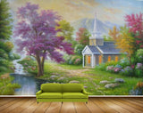Avikalp MWZ2864 Sky Trees Houses Grass Stones Pink Yellow Leaves Mounatins River Pond Water Painting HD Wallpaper Avikalp MWZ2864 Sky Trees Houses Grass Stones Pink Yellow Leaves Mounatins River Pond Water Painting HD Wallpaper