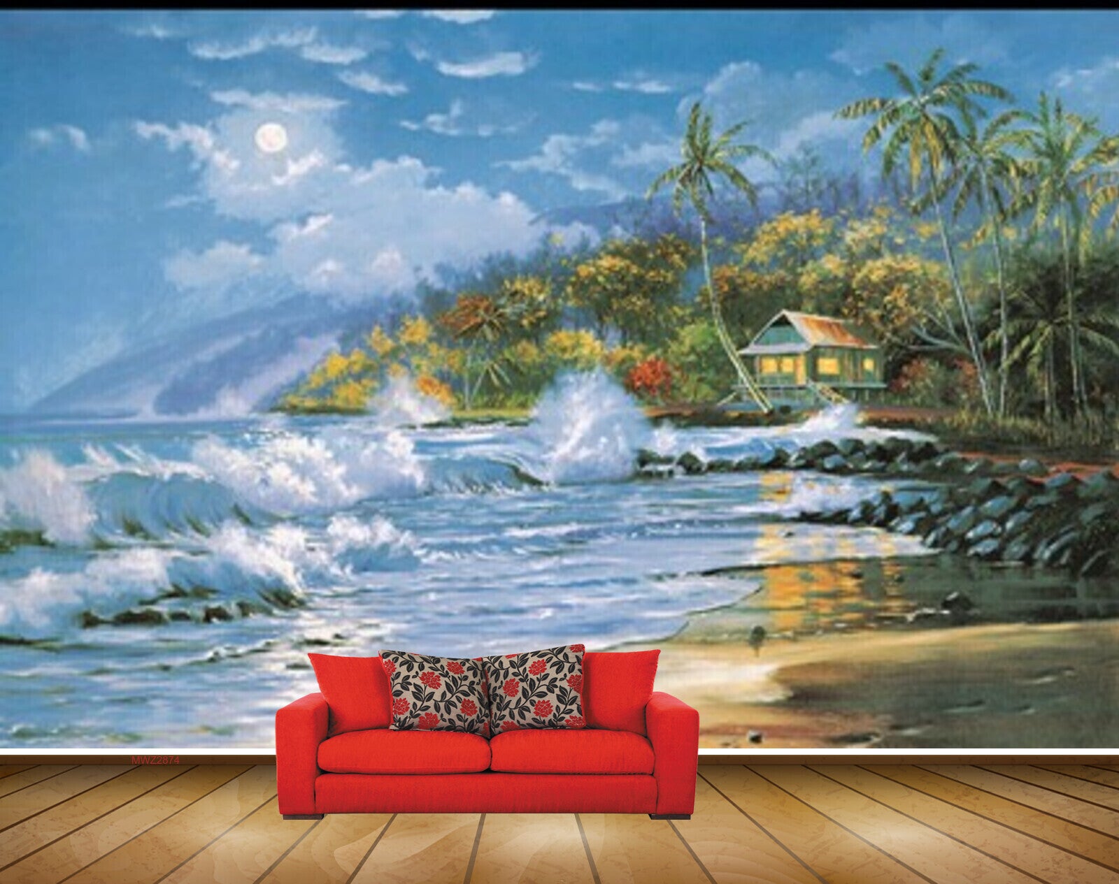 Avikalp MWZ2874 Sun Mountains Sea Coconuts Trees House Stones Grass Beach Water Ocean Painting HD Wallpaper Avikalp MWZ2874 Sun Mountains Sea Coconuts Trees House Stones Grass Beach Water Ocean Painting HD Wallpaper