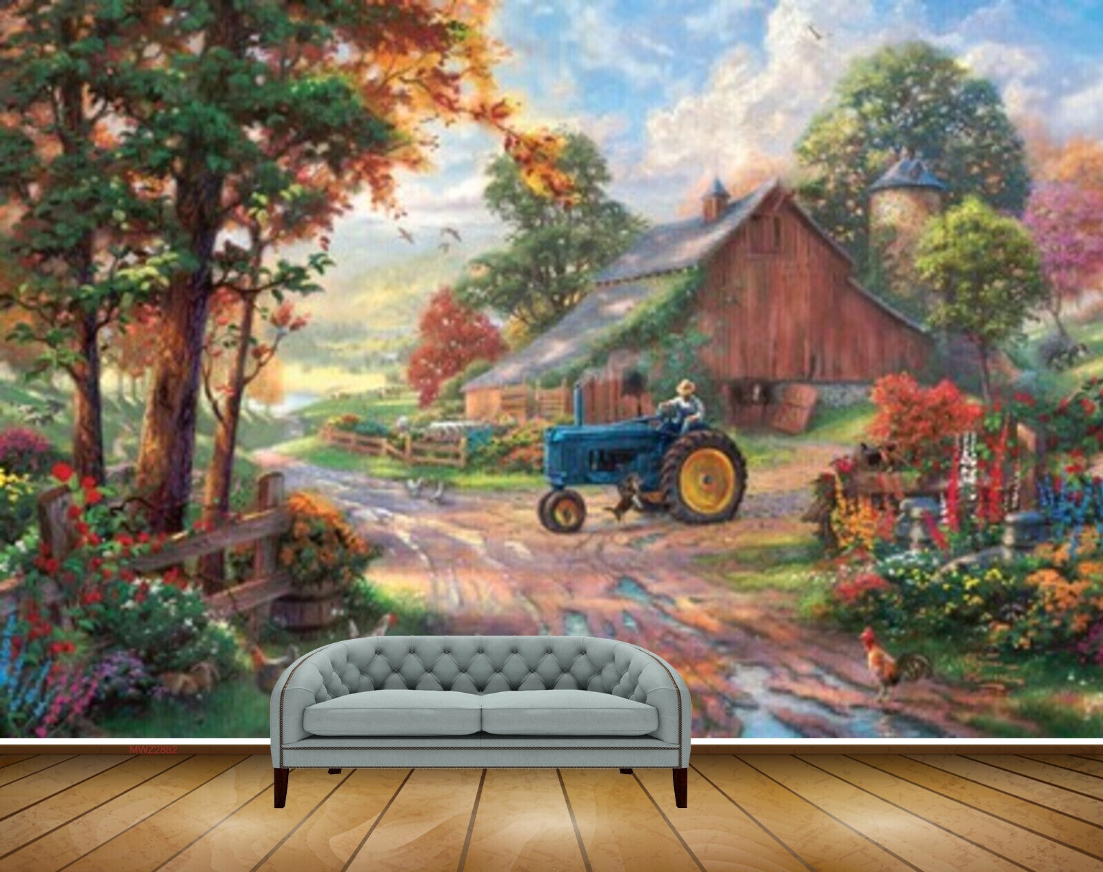 Avikalp MWZ2882 House Trees Flowers Tractor Man Hens Dog Grass Plants Off Road Painting HD Wallpaper Avikalp MWZ2882 House Trees Flowers Tractor Man Hens Dog Grass Plants Off Road Painting HD Wallpaper