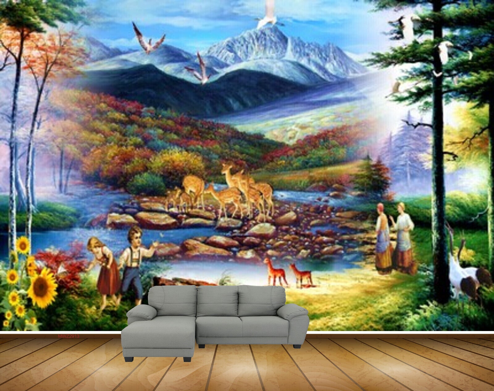 Avikalp MWZ2913 Mountains Birds Deers People Flowers Grass Cranes Stones River Pond Water Painting HD Wallpaper Avikalp MWZ2913 Mountains Birds Deers People Flowers Grass Cranes Stones River Pond Water Painting HD Wallpaper