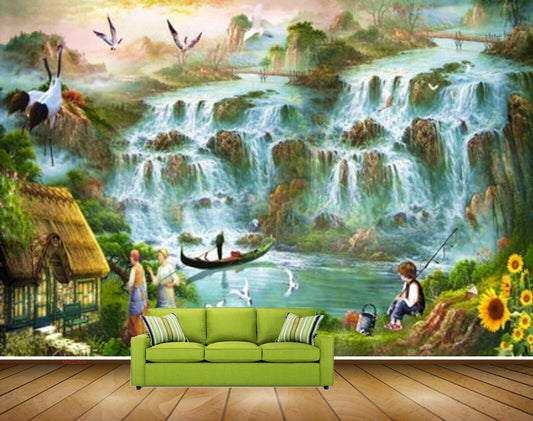 Avikalp MWZ2925 Waterfalls Birds People Sunflowers House Grass Boat River Pond Water Cranes Stones Painting HD Wallpaper