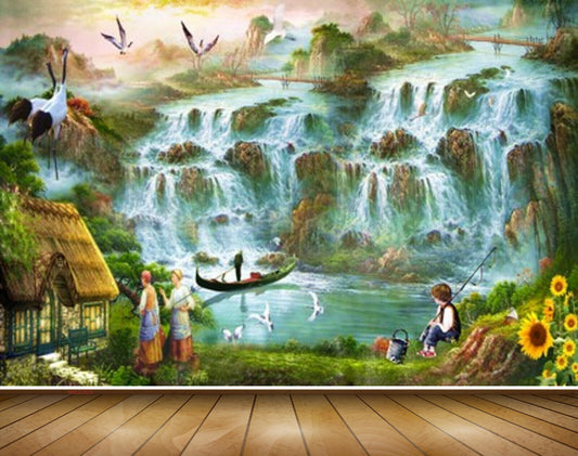 Avikalp MWZ2925 Waterfalls Birds People Sunflowers House Grass Boat River Pond Water Cranes Stones Painting HD Wallpaper