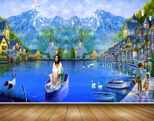 Avikalp MWZ2926 Mountains Clouds Birds Lake Pond Water Cranes Boats People Houses Road Ducks Trees Painting HD Wallpaper