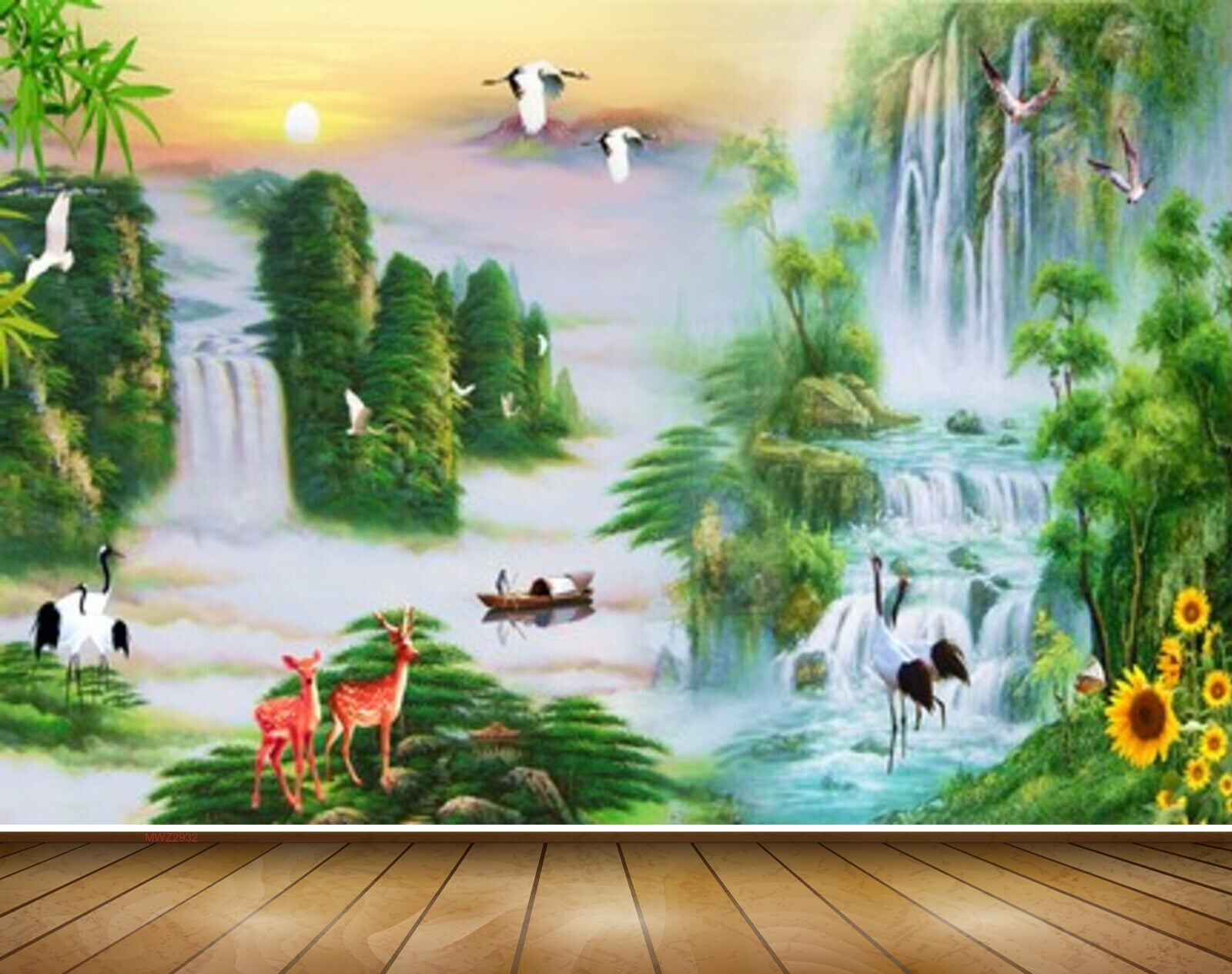 Avikalp MWZ2932 Trees Sun Mountains Deers Cranes Flowers Waterfalls Clouds Plants Boat River Pond Water Painting HD Wallpaper Avikalp MWZ2932 Trees Sun Mountains Deers Cranes Flowers Waterfalls Clouds Plants Boat River Pond Water Painting HD Wallpaper