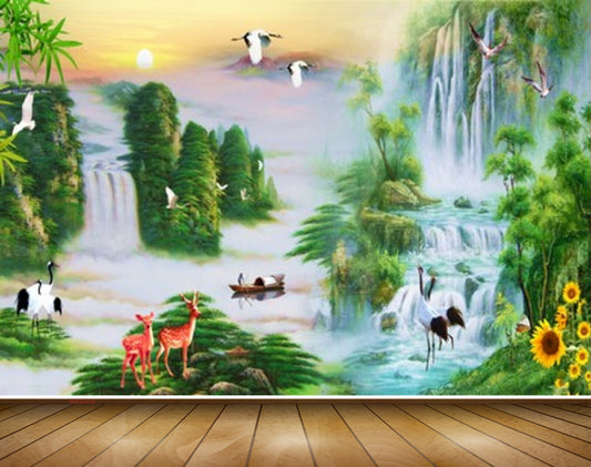 Avikalp MWZ2932 Trees Sun Mountains Deers Cranes Flowers Waterfalls Clouds Plants Boat River Pond Water Painting HD Wallpaper