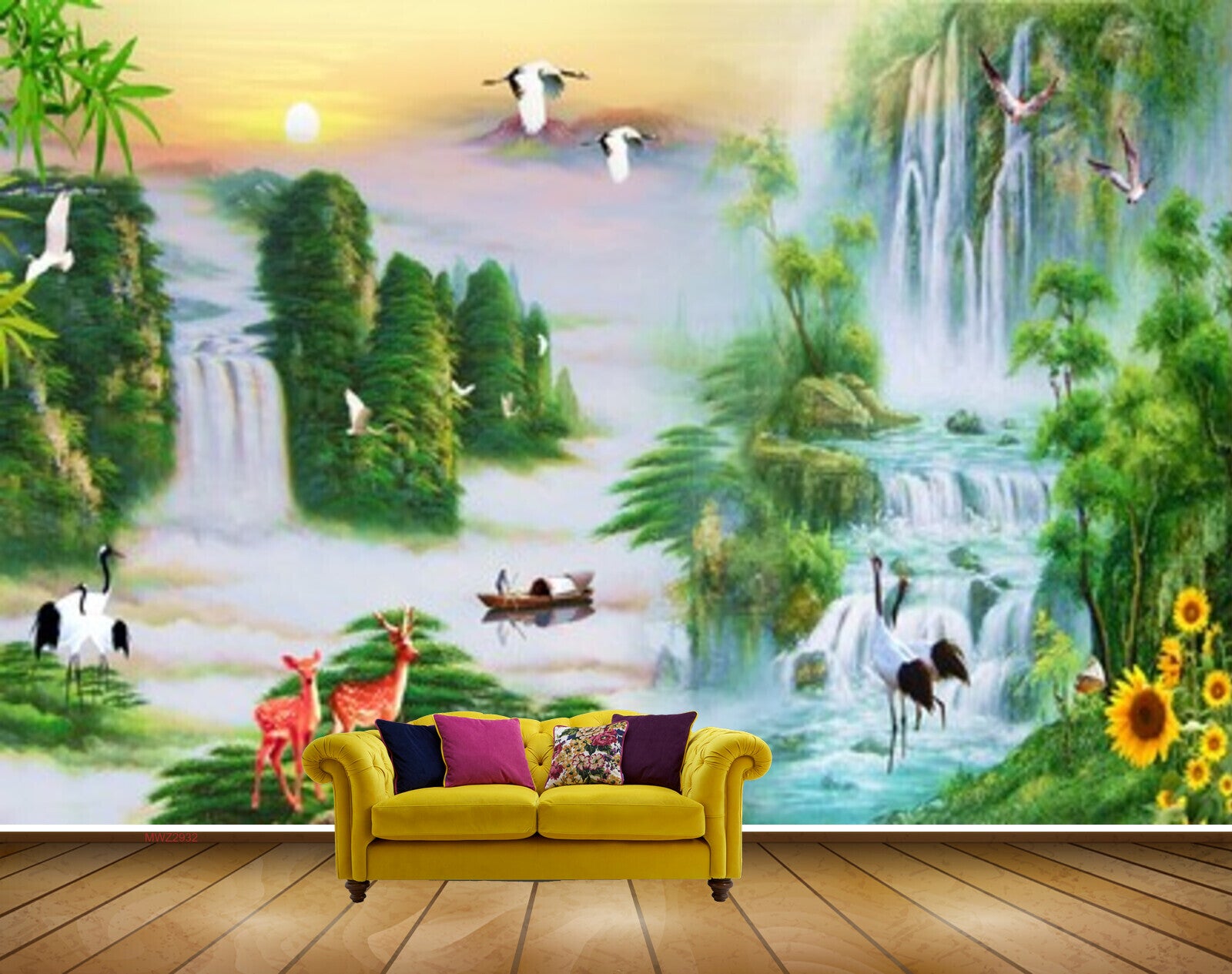 Avikalp MWZ2932 Trees Sun Mountains Deers Cranes Flowers Waterfalls Clouds Plants Boat River Pond Water Painting HD Wallpaper Avikalp MWZ2932 Trees Sun Mountains Deers Cranes Flowers Waterfalls Clouds Plants Boat River Pond Water Painting HD Wallpaper