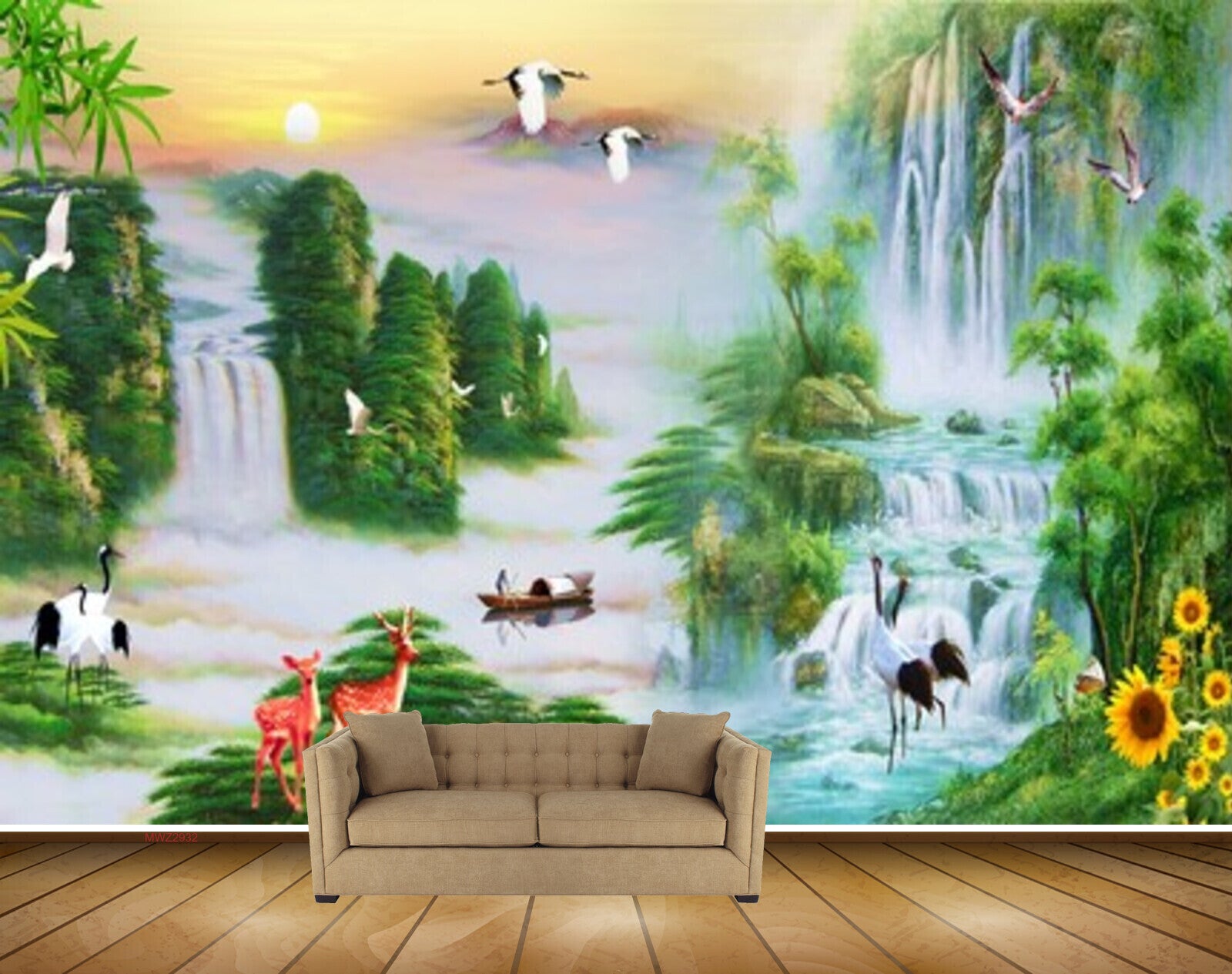 Avikalp MWZ2932 Trees Sun Mountains Deers Cranes Flowers Waterfalls Clouds Plants Boat River Pond Water Painting HD Wallpaper Avikalp MWZ2932 Trees Sun Mountains Deers Cranes Flowers Waterfalls Clouds Plants Boat River Pond Water Painting HD Wallpaper