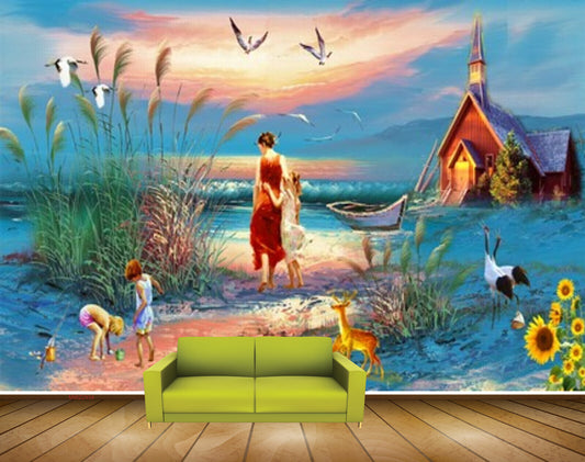 Avikalp MWZ2934 Sky Trees Flowers House People Boat Deers Sand Sea Water Ocean Plants Kids Painting HD Wallpaper