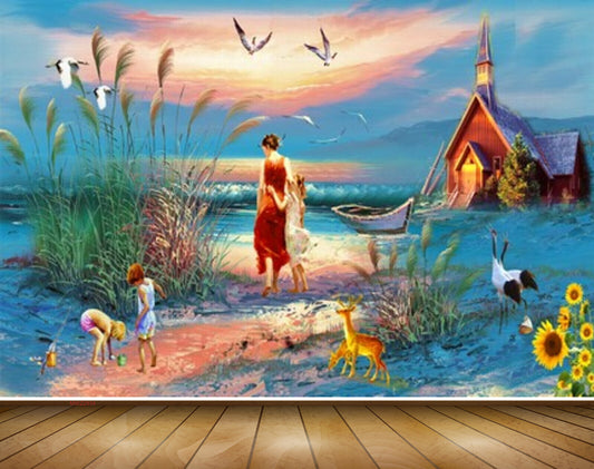 Avikalp MWZ2934 Sky Trees Flowers House People Boat Deers Sand Sea Water Ocean Plants Kids Painting HD Wallpaper