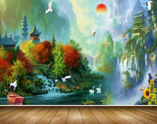 Avikalp MWZ2935 Sun Mountains House Birds Trees Flowers Cranes Waterfalls Boat River Lake Pond Water Ducks Paintng HD Wallpaper