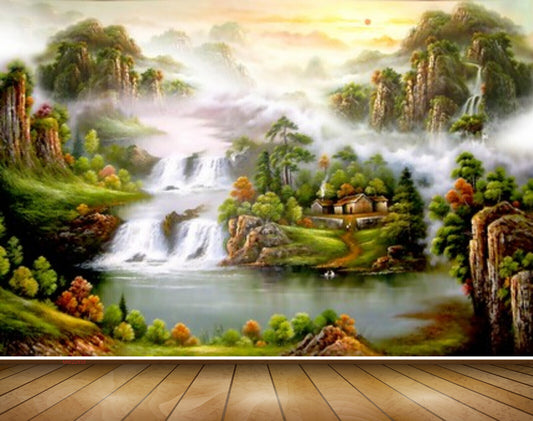 Avikalp MWZ2938 Sun Mountains Waterfalls Trees Flowers Houses Lake River Pond Water Grass Plants Painting HD Wallpaper