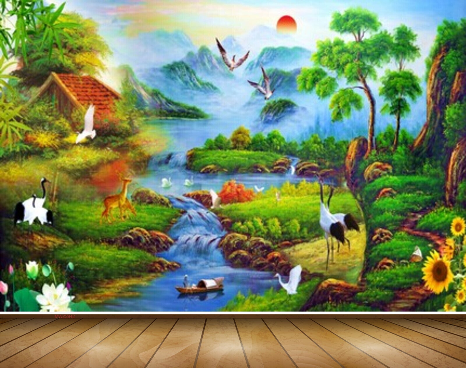 Avikalp MWZ2942 Sun mounatins Clouds Trees Birds Flowers Lake River Pond Water Cranes Deers Boats Plants Ducks Grass Stones Painting HD Wallpaper Avikalp MWZ2942 Sun mounatins Clouds Trees Birds Flowers Lake River Pond Water Cranes Deers Boats Plants Ducks Grass Stones Painting HD Wallpaper
