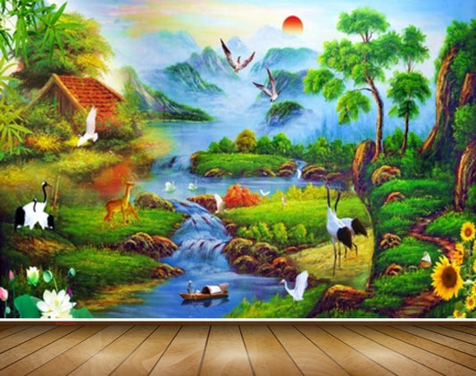 Avikalp MWZ2942 Sun mounatins Clouds Trees Birds Flowers Lake River Pond Water Cranes Deers Boats Plants Ducks Grass Stones Painting HD Wallpaper