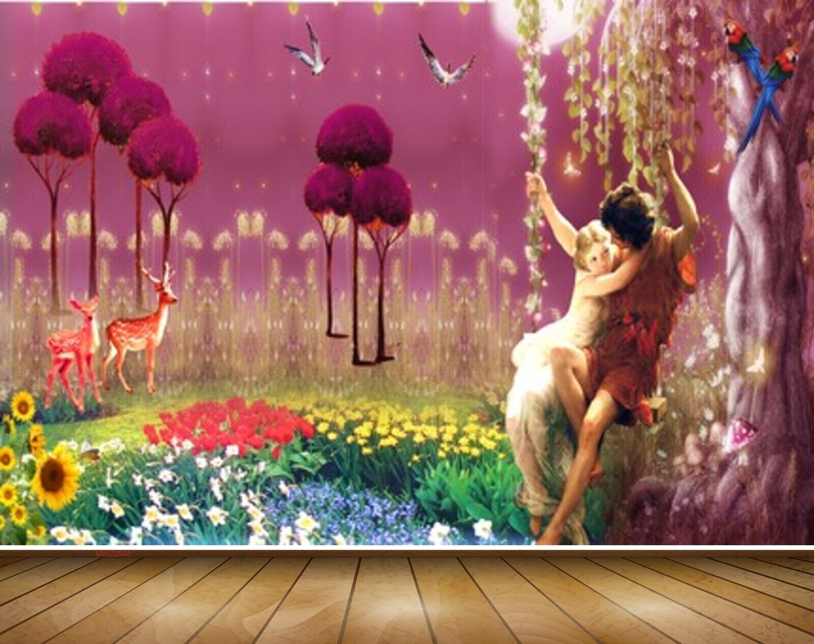 Avikalp MWZ2948 Trees Red Yellow Purple White Flowers Deers Cradle Couples Plants Birds Parrot Painting HD Wallpaper Avikalp MWZ2948 Trees Red Yellow Purple White Flowers Deers Cradle Couples Plants Birds Parrot Painting HD Wallpaper