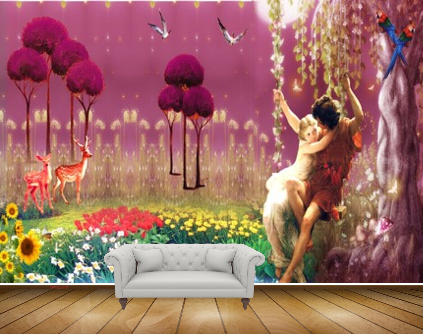 Avikalp MWZ2948 Trees Red Yellow Purple White Flowers Deers Cradle Couples Plants Birds Parrot Painting HD Wallpaper Avikalp MWZ2948 Trees Red Yellow Purple White Flowers Deers Cradle Couples Plants Birds Parrot Painting HD Wallpaper