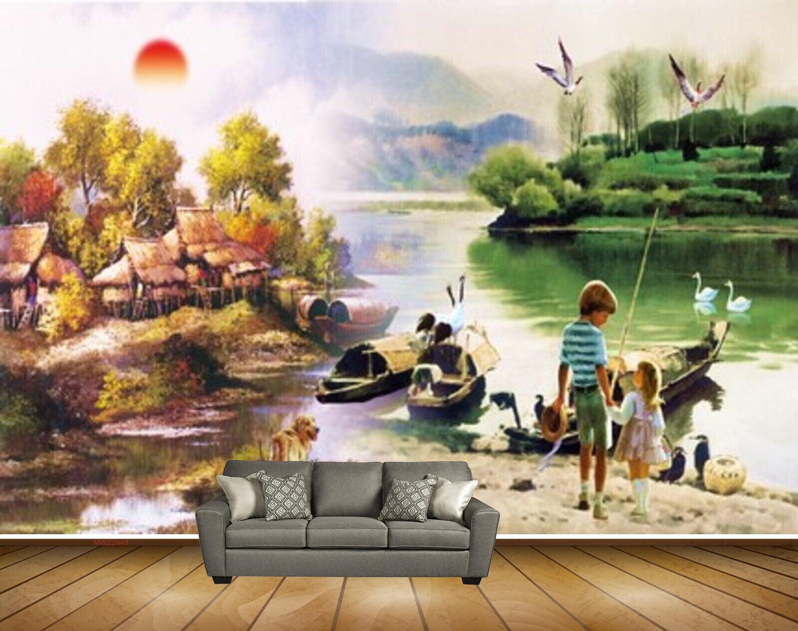 Avikalp MWZ2949 Sun Trees Boats River Lake Water Dog Kids Cranes Houses Grass Painting HD Wallpaper Avikalp MWZ2949 Sun Trees Boats River Lake Water Dog Kids Cranes Houses Grass Painting HD Wallpaper