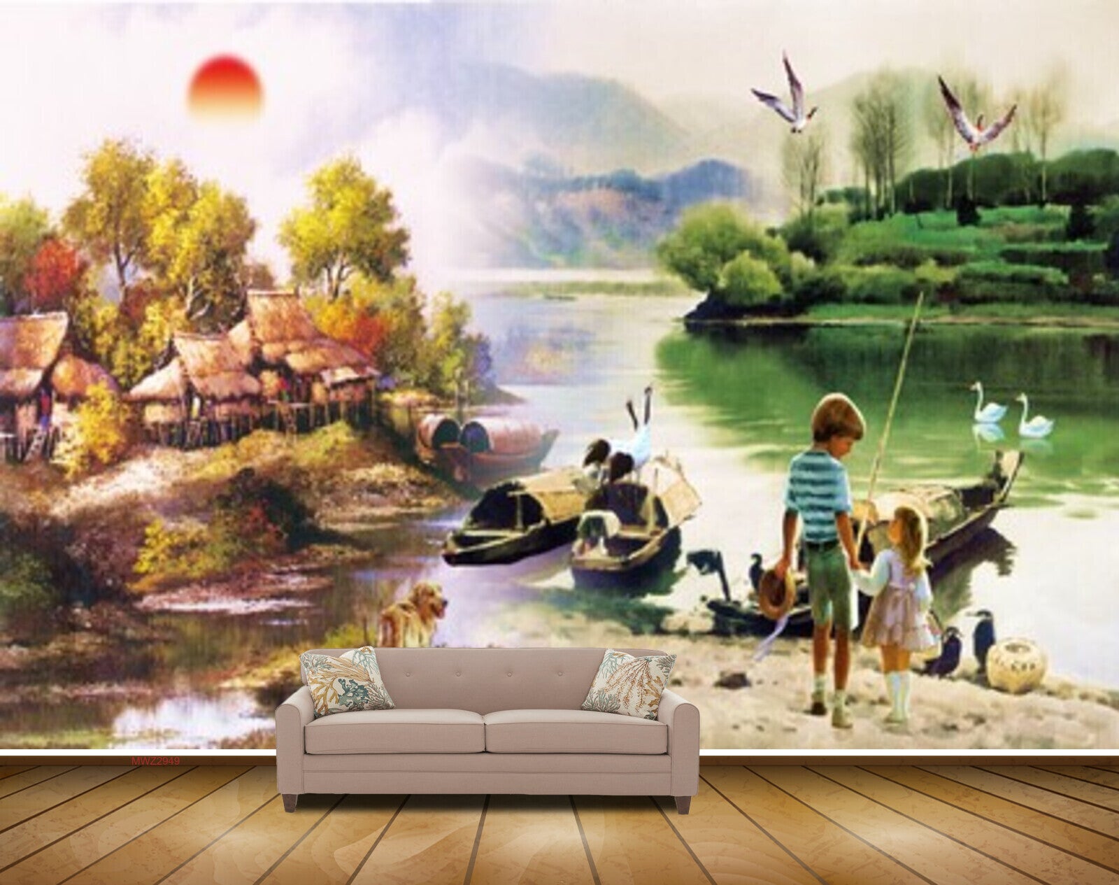 Avikalp MWZ2949 Sun Trees Boats River Lake Water Dog Kids Cranes Houses Grass Painting HD Wallpaper Avikalp MWZ2949 Sun Trees Boats River Lake Water Dog Kids Cranes Houses Grass Painting HD Wallpaper