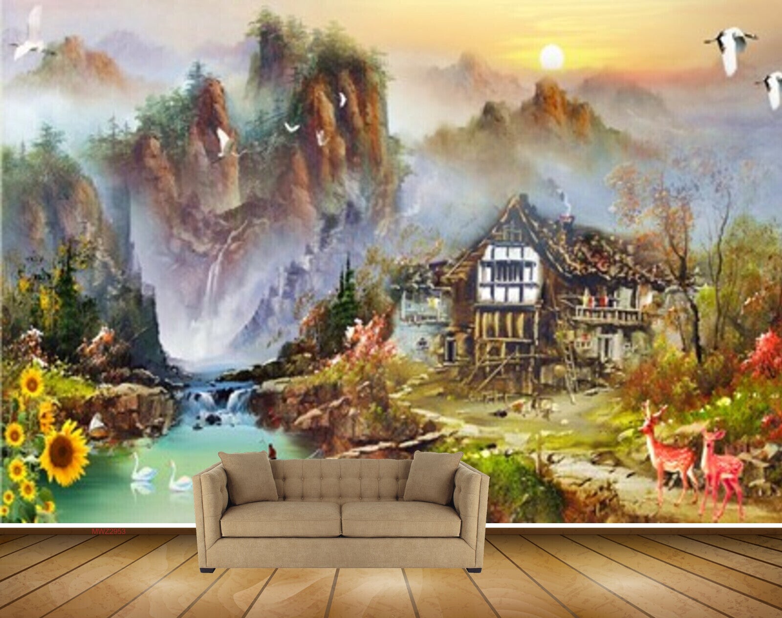 Avikalp MWZ2953 Sun Mountains House Lake River Water Flowers Cranes Deers Boat Ducks Birds Painting HD Wallpaper Avikalp MWZ2953 Sun Mountains House Lake River Water Flowers Cranes Deers Boat Ducks Birds Painting HD Wallpaper