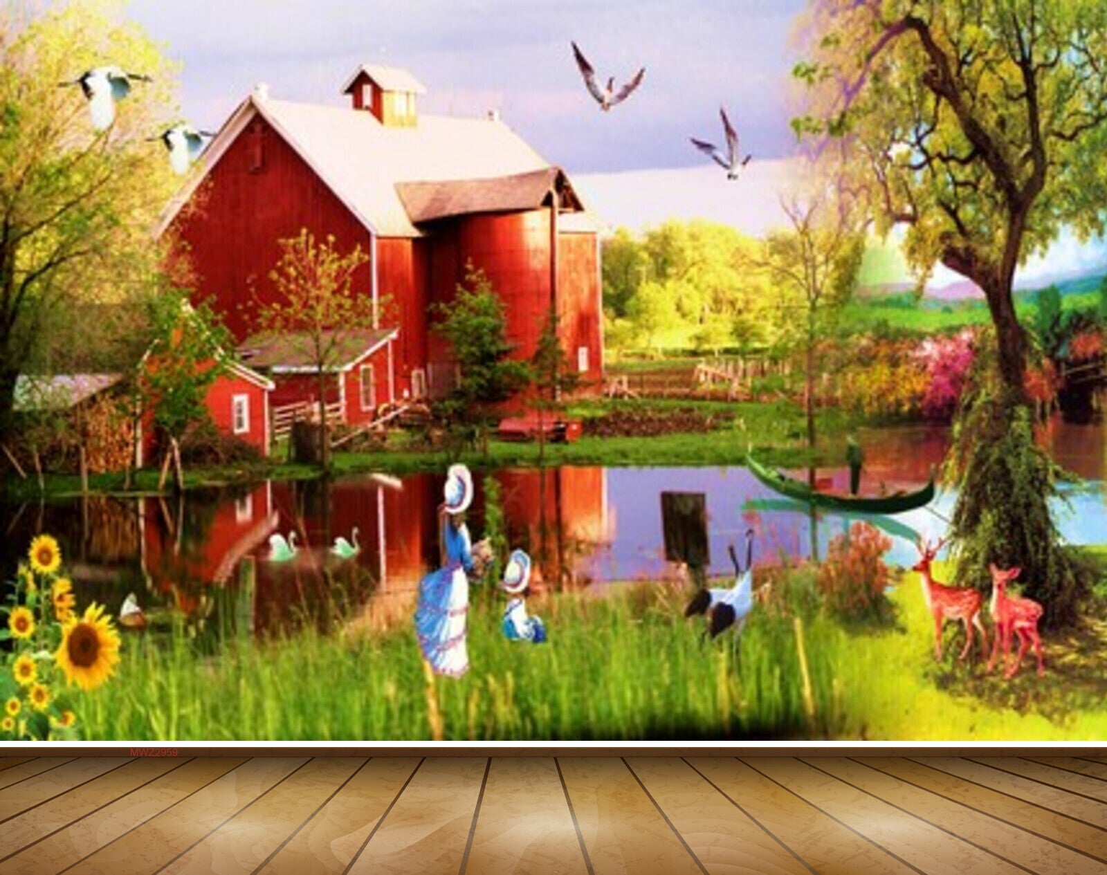 Avikalp MWZ2959 House Birds Trees Flowers Grass People Plants Deers Boat Ducks Cranes Lake River Pond Water Painting HD Wallpaper Avikalp MWZ2959 House Birds Trees Flowers Grass People Plants Deers Boat Ducks Cranes Lake River Pond Water Painting HD Wallpaper