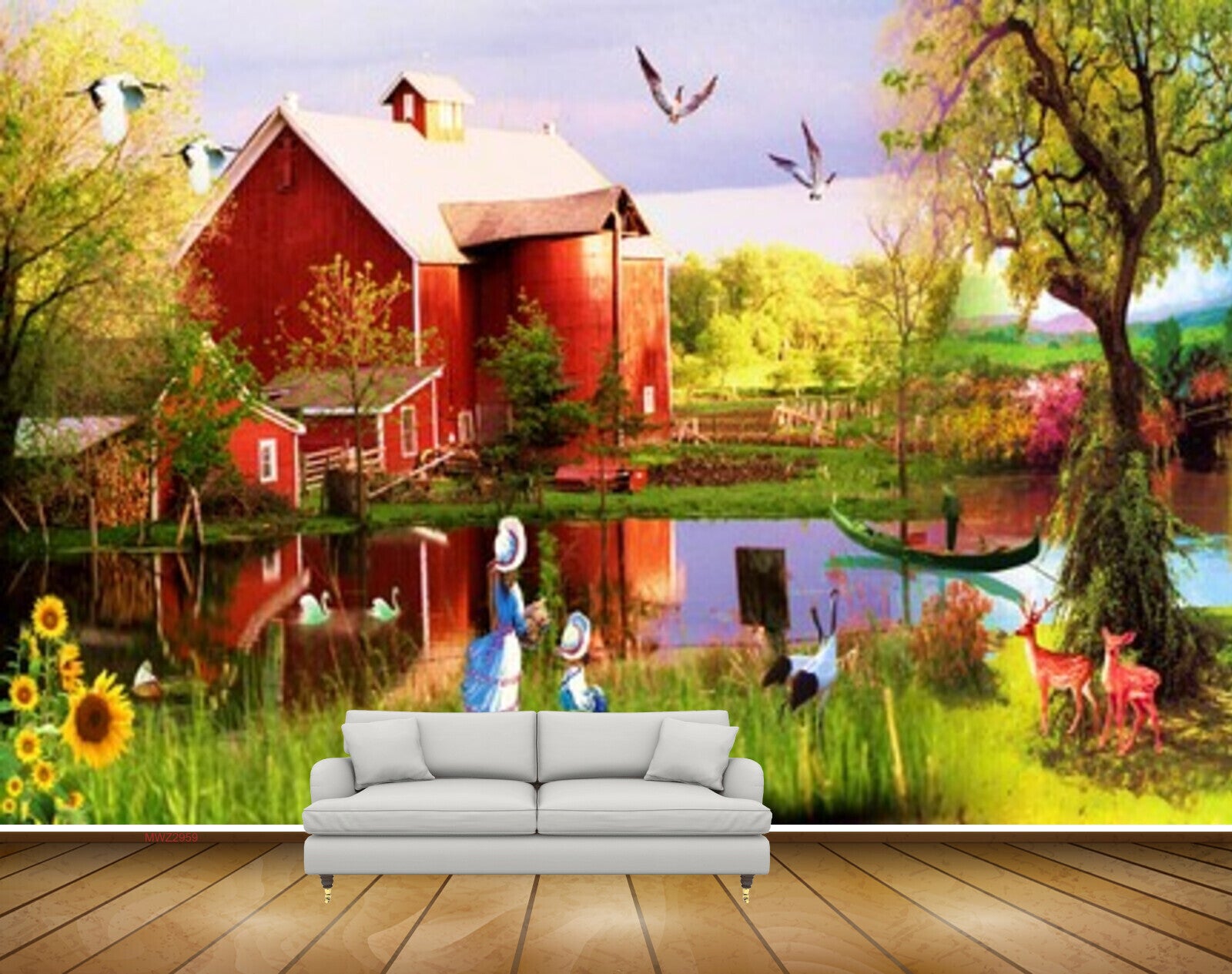 Avikalp MWZ2959 House Birds Trees Flowers Grass People Plants Deers Boat Ducks Cranes Lake River Pond Water Painting HD Wallpaper Avikalp MWZ2959 House Birds Trees Flowers Grass People Plants Deers Boat Ducks Cranes Lake River Pond Water Painting HD Wallpaper