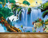 Avikalp MWZ2960 Waterfalls Cranes Trees Flowers House Plants Pond River Water Painting HD Wallpaper