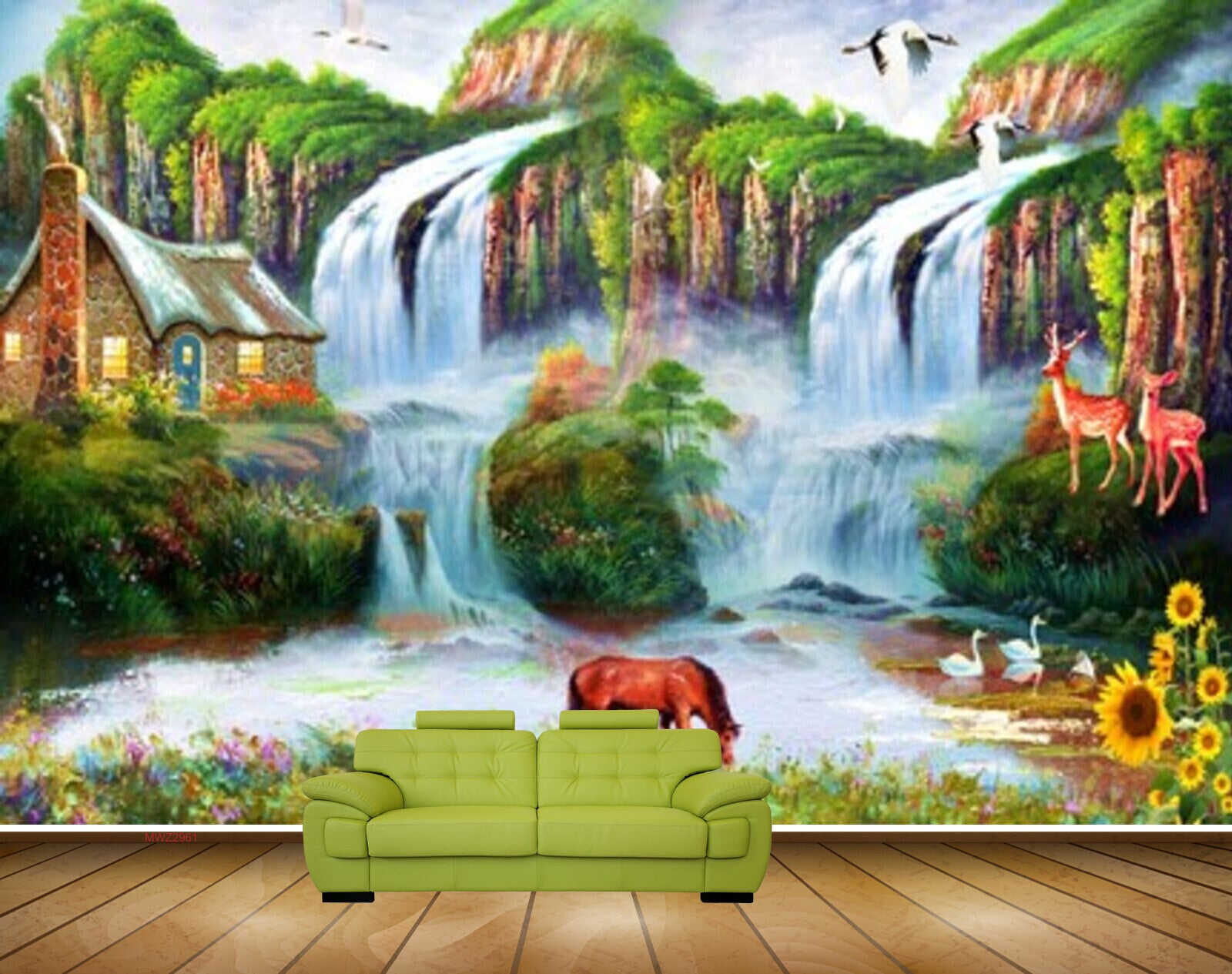 Avikalp MWZ2961 Mountains Horse Birds Waterfalls House Flowers Swans Grass Plants Deers Painting HD Wallpaper