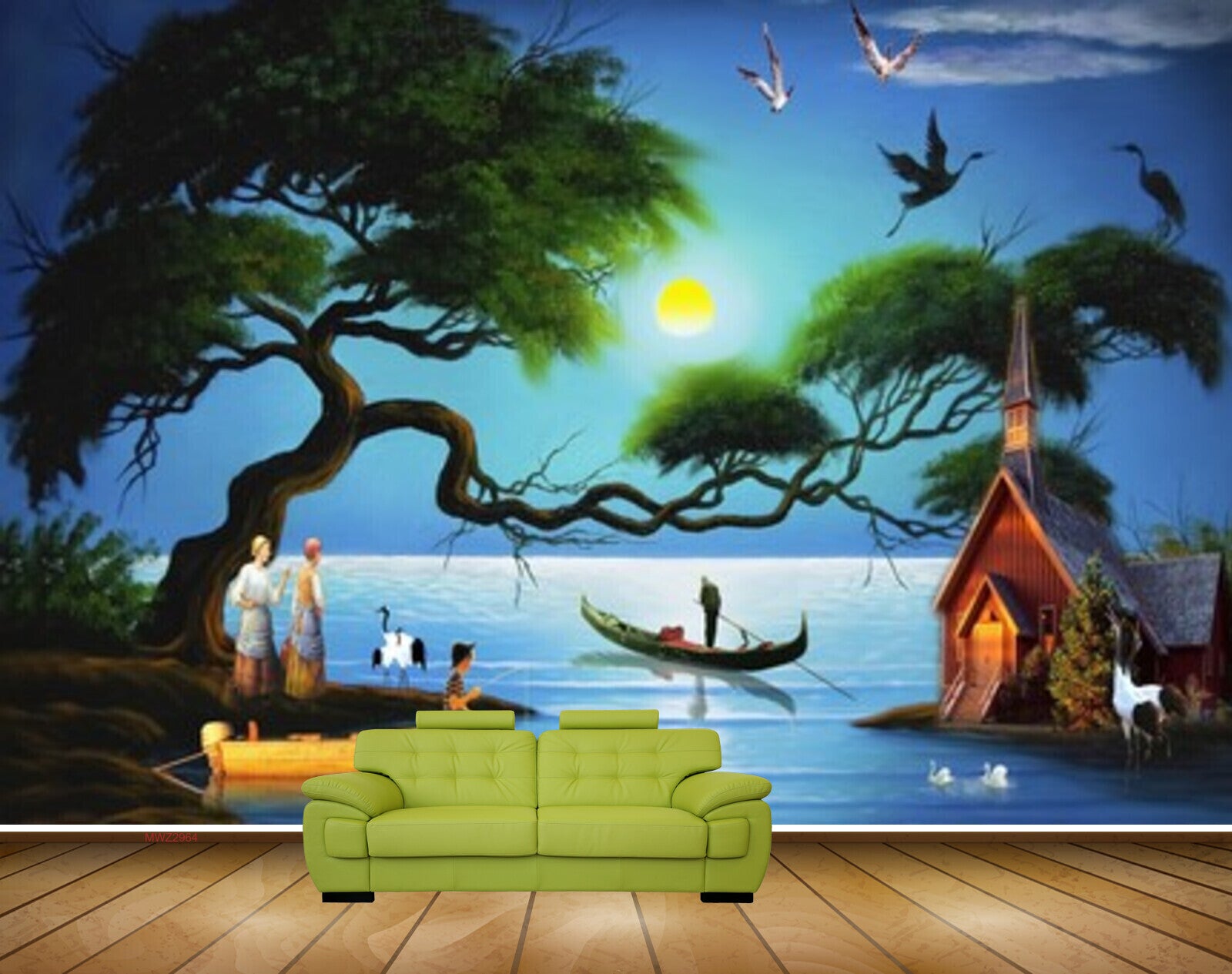 Avikalp MWZ2964 Trees Moon Boats Dog Hut House Birds Swans Sea Water Ocean Cranes People Painting HD Wallpaper