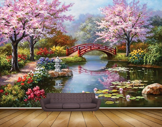 Avikalp MWZ2966 Pink Trees Flowers Clouds Stones Lakes River Pond Water Plants Off Road Vellay Painting HD Wallpaper