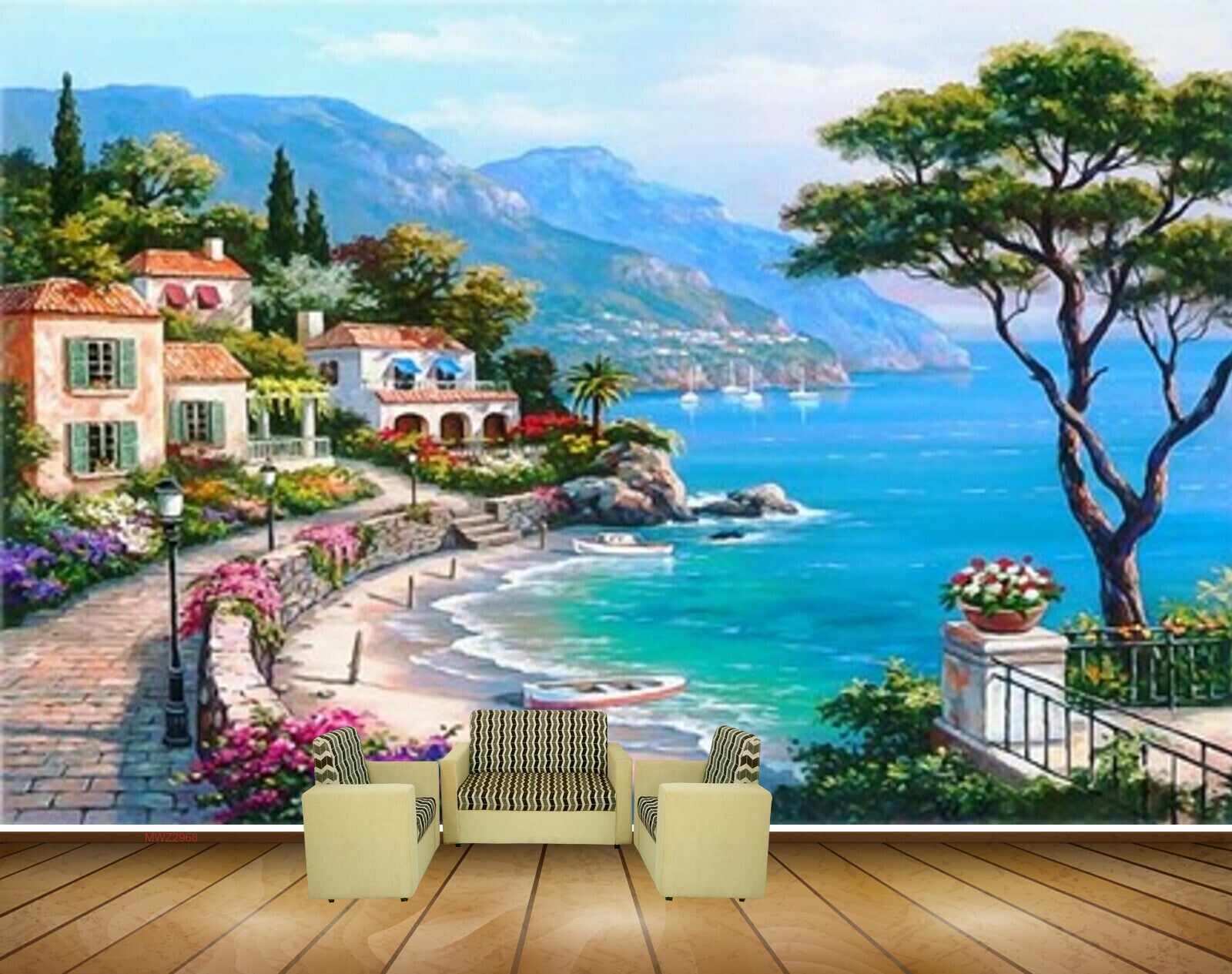 Avikalp MWZ2968 Sea Boats Trees Mountains Buildings Flowers Vellay Road Lamps Water Ocean Painting HD Wallpaper