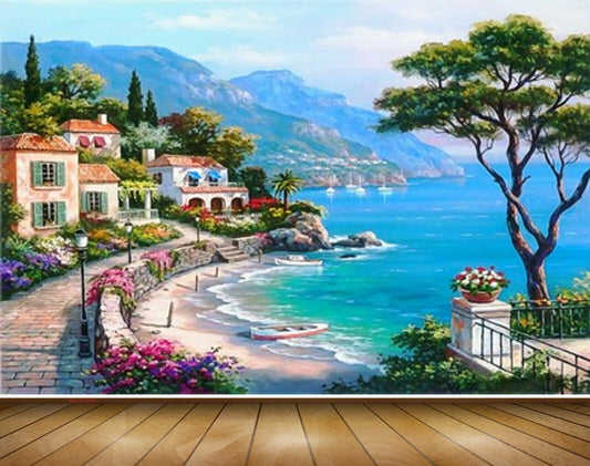 Avikalp MWZ2968 Sea Boats Trees Mountains Buildings Flowers Vellay Road Lamps Water Ocean Painting HD Wallpaper