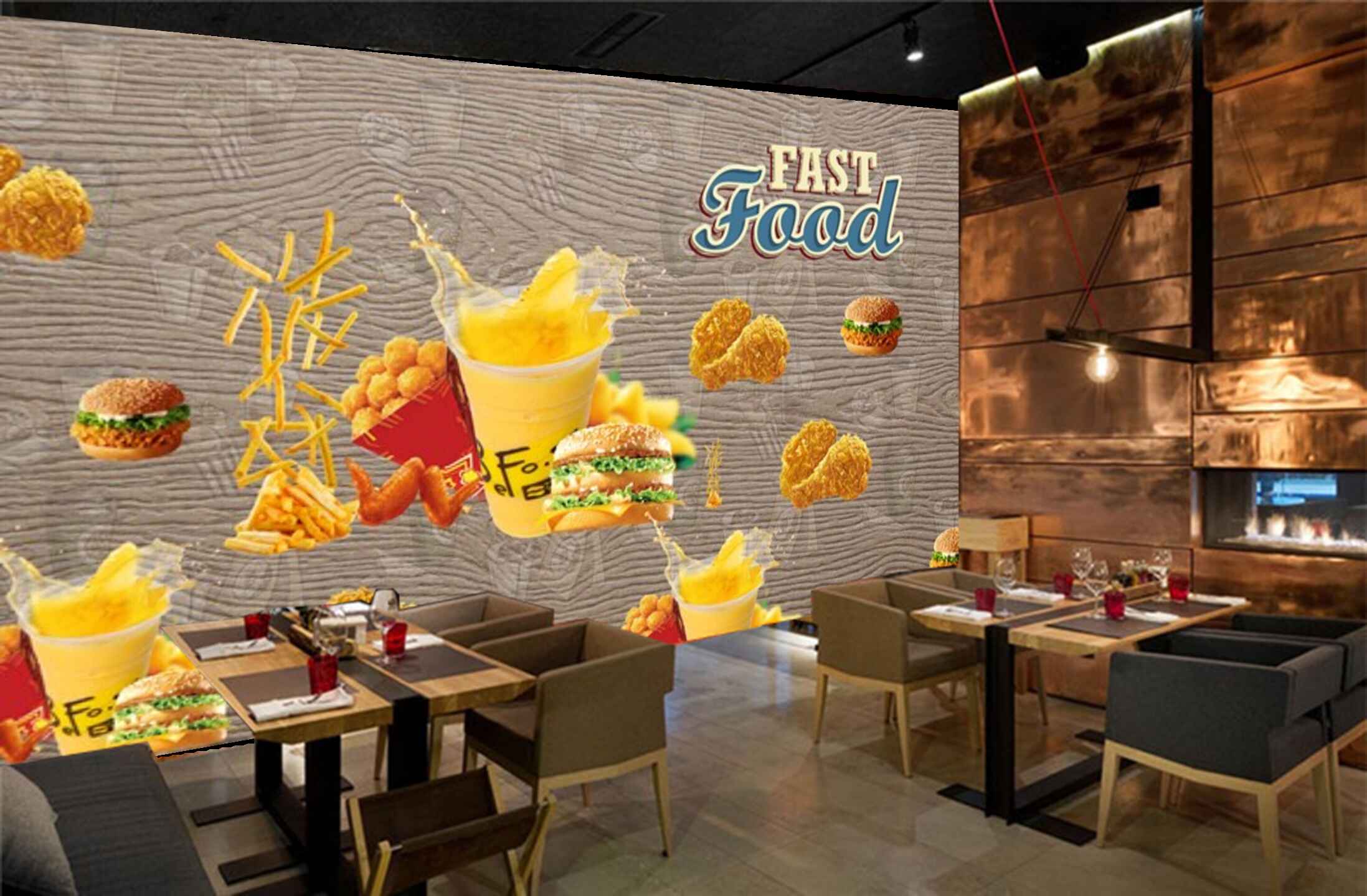 Avikalp MWZ3022 Fast Food Burger Chicken Wings French Fries HD Wallpaper for Cafe Restaurant Avikalp MWZ3022 Fast Food Burger Chicken Wings French Fries HD Wallpaper for Cafe Restaurant