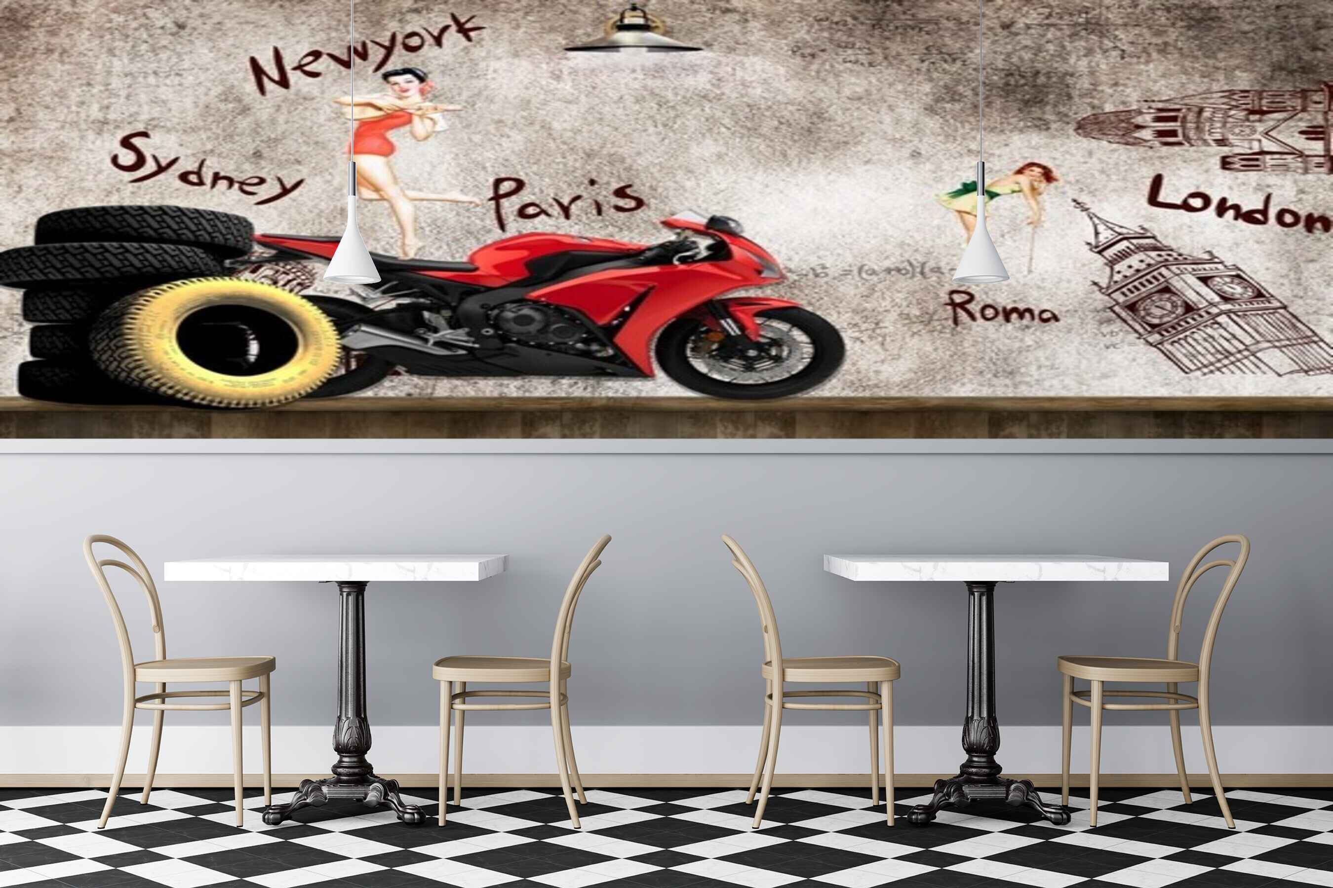 Avikalp MWZ3038 Bike Tyes London Paris Sydney Newyork HD Wallpaper for Cafe Restaurant Avikalp MWZ3038 Bike Tyes London Paris Sydney Newyork HD Wallpaper for Cafe Restaurant