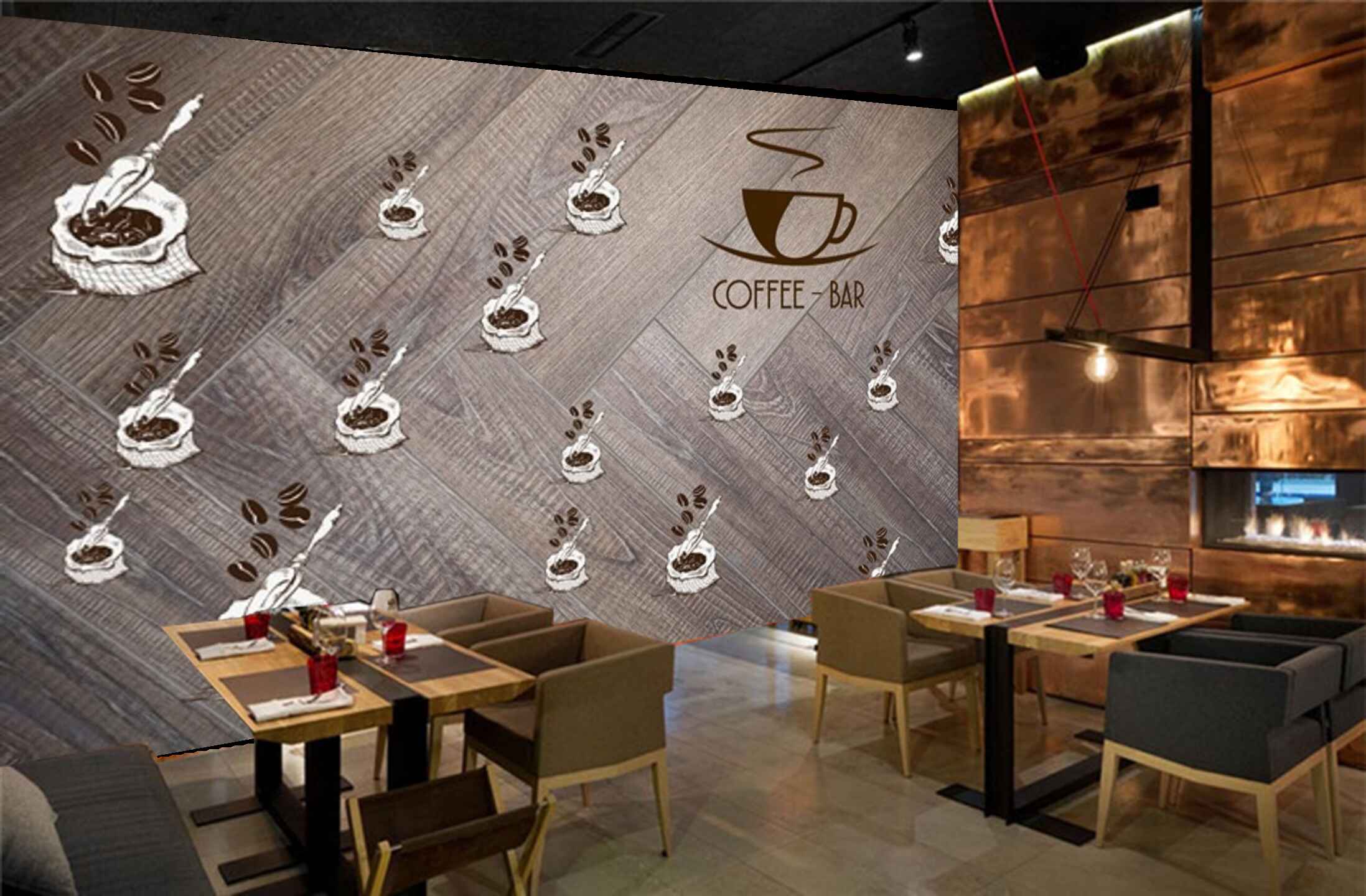 Avikalp MWZ3042 Coffee Bar Beans Bags Spoons HD Wallpaper for Cafe Restaurant Avikalp MWZ3042 Coffee Bar Beans Bags Spoons HD Wallpaper for Cafe Restaurant