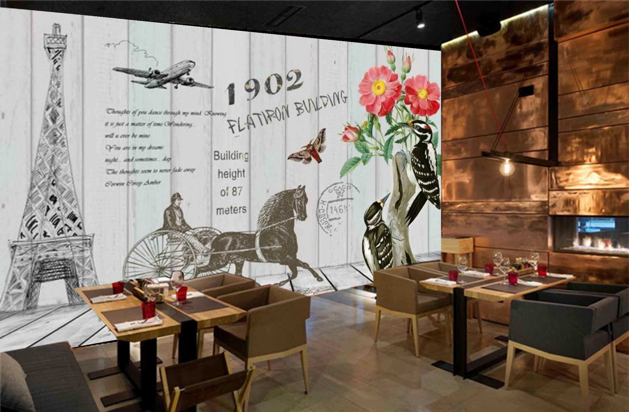 Avikalp MWZ3076 Eiffel Tower Horse Cart Flowers Birds Aeroplane HD Wallpaper for Cafe Restaurant Avikalp MWZ3076 Eiffel Tower Horse Cart Flowers Birds Aeroplane HD Wallpaper for Cafe Restaurant