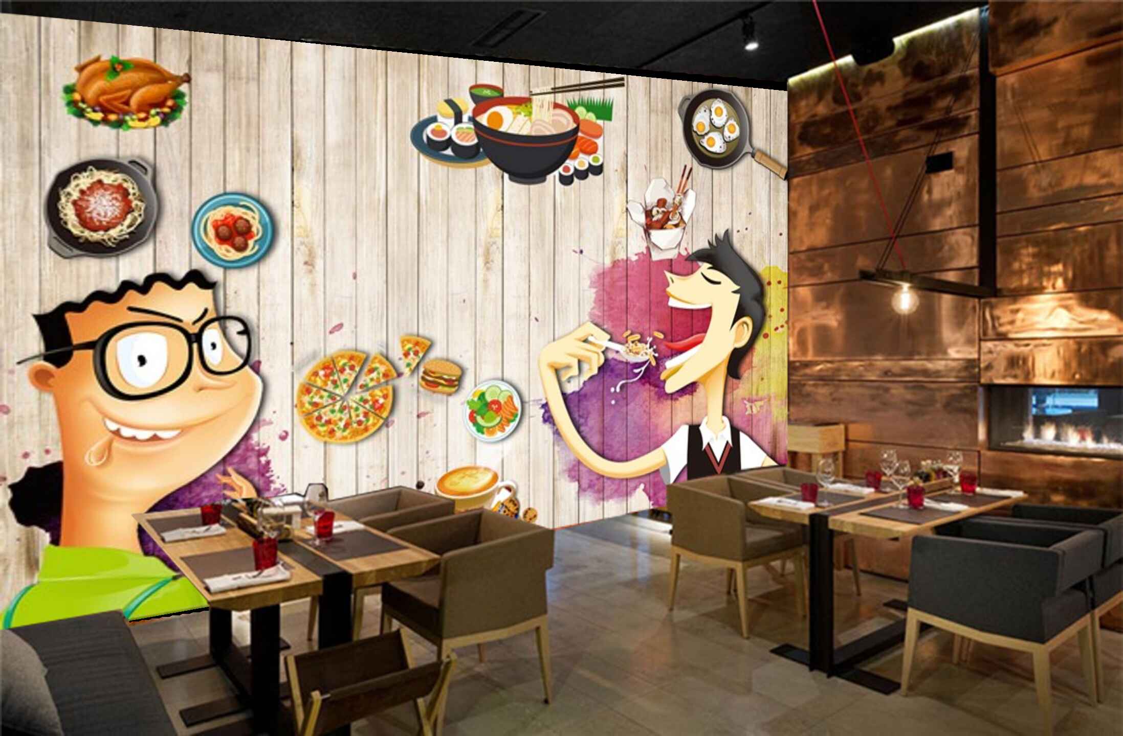 Avikalp MWZ3179 Kids Meat Pizzas Omlettes Noodles HD Wallpaper for Cafe Restaurant Avikalp MWZ3179 Kids Meat Pizzas Omlettes Noodles HD Wallpaper for Cafe Restaurant