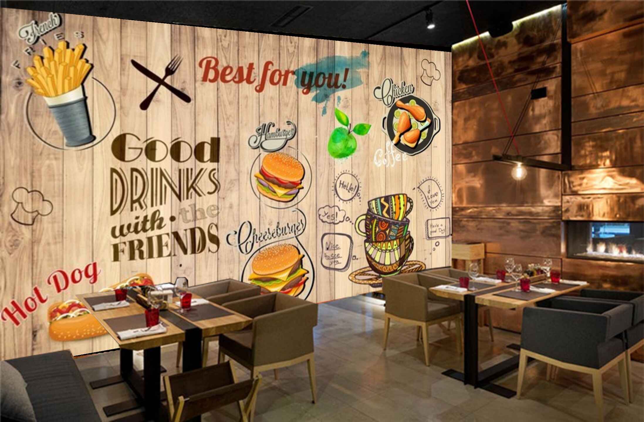 Avikalp MWZ3180 Hot Dog Drinks Coffee burger Fries HD Wallpaper for Cafe Restaurant Avikalp MWZ3180 Hot Dog Drinks Coffee burger Fries HD Wallpaper for Cafe Restaurant