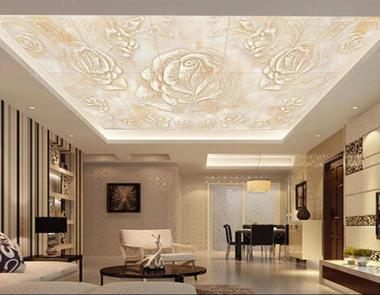 Avikalp MWZ3183 Cream White Rose Flowers HD Wallpaper for Ceiling