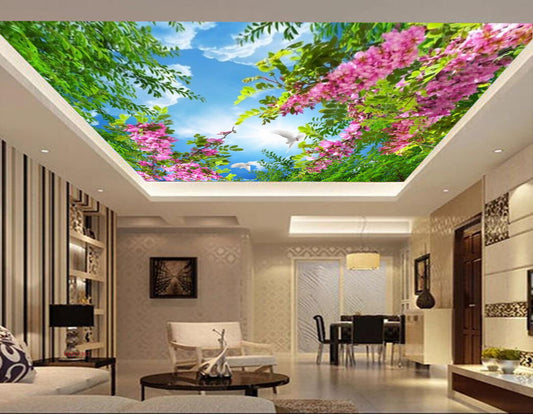 Avikalp MWZ3186 Pink Flowers Trees Clouds Birds HD Wallpaper for Ceiling