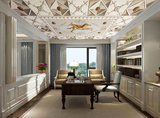 Avikalp MWZ3408 Golden Horse Flowers Tiles HD Wallpaper for Ceiling