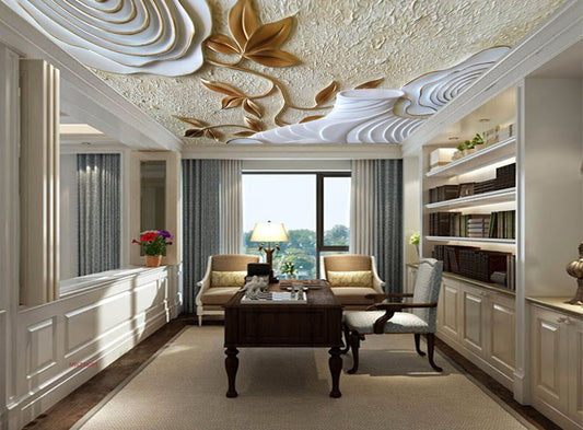 Avikalp MWZ3409 Golden Leaves White Flowers HD Wallpaper for Ceiling