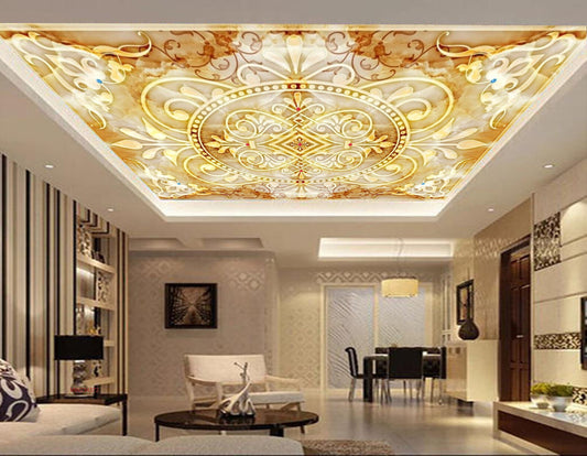Avikalp MWZ3437 Golden White Flowers Leaves Designs HD Wallpaper for Ceiling