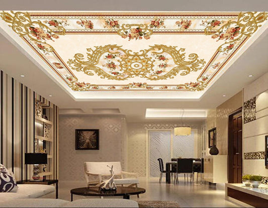 Avikalp MWZ3438 Red Cream Golden Floral Designs HD Wallpaper for Ceiling