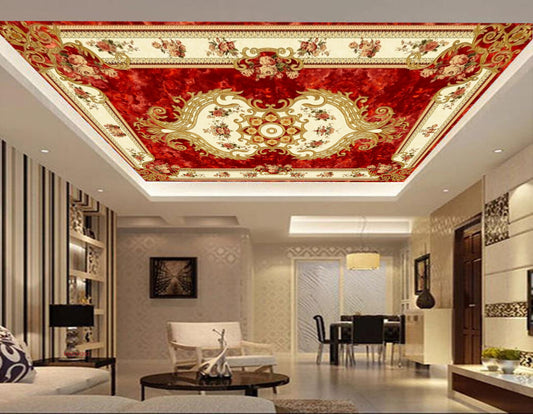 Avikalp MWZ3439 Red White Floral Designs HD Wallpaper for Ceiling