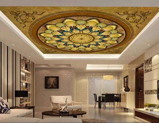 Avikalp MWZ3440 Yellow Green Floral Designs HD Wallpaper for Ceiling
