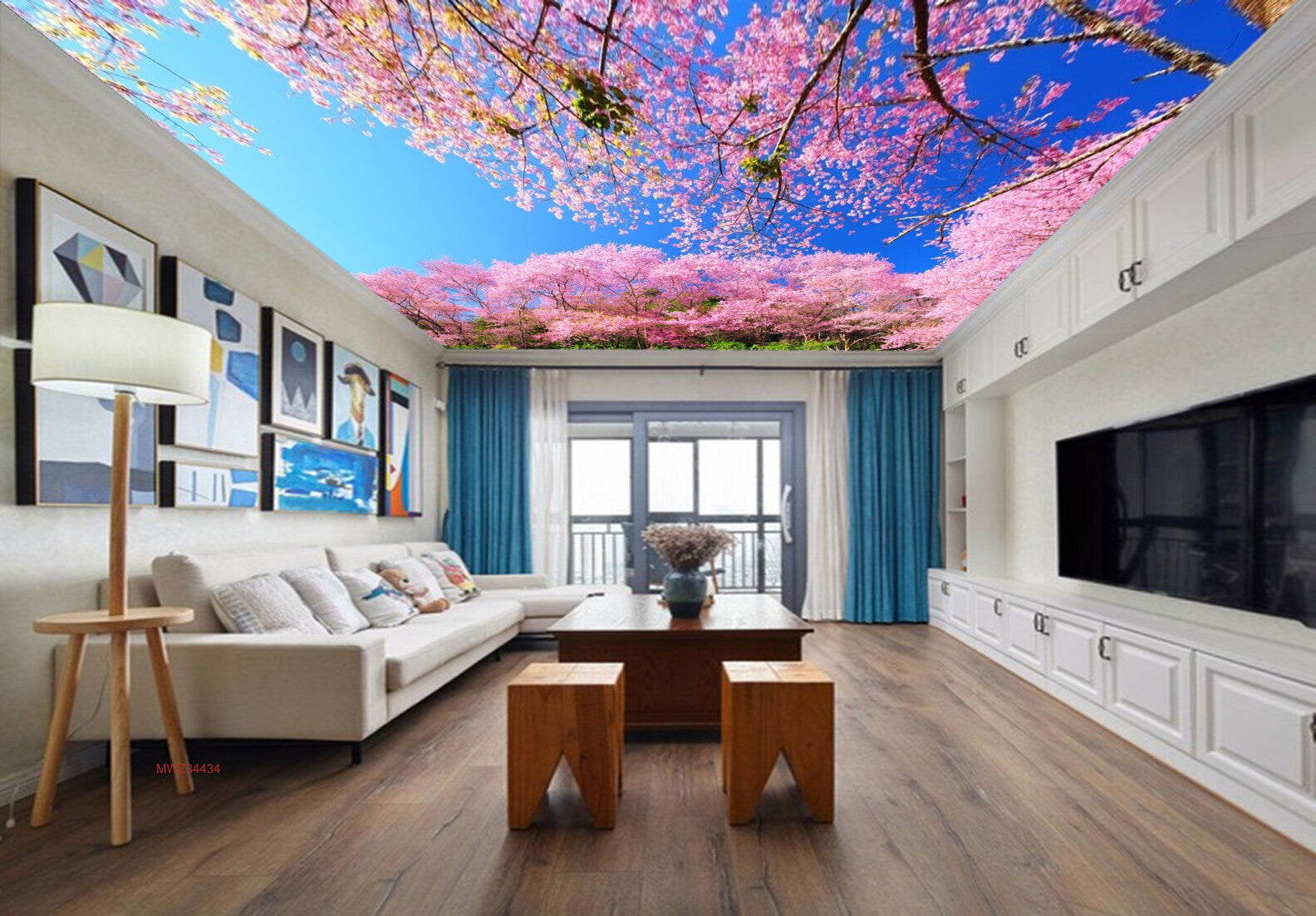 Avikalp MWZ3443 Pink Flowers Trees Birds HD Wallpaper for Ceiling