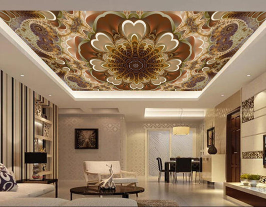 Avikalp MWZ3448 Cream Orange Brown Flowers Design HD Wallpaper for Ceiling