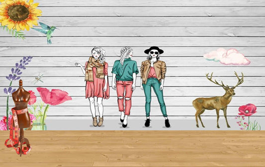 Avikalp MWZ3572 Fashion Girls Deer Pink Yellow Flowers HD Wallpaper for Fashion Boutique