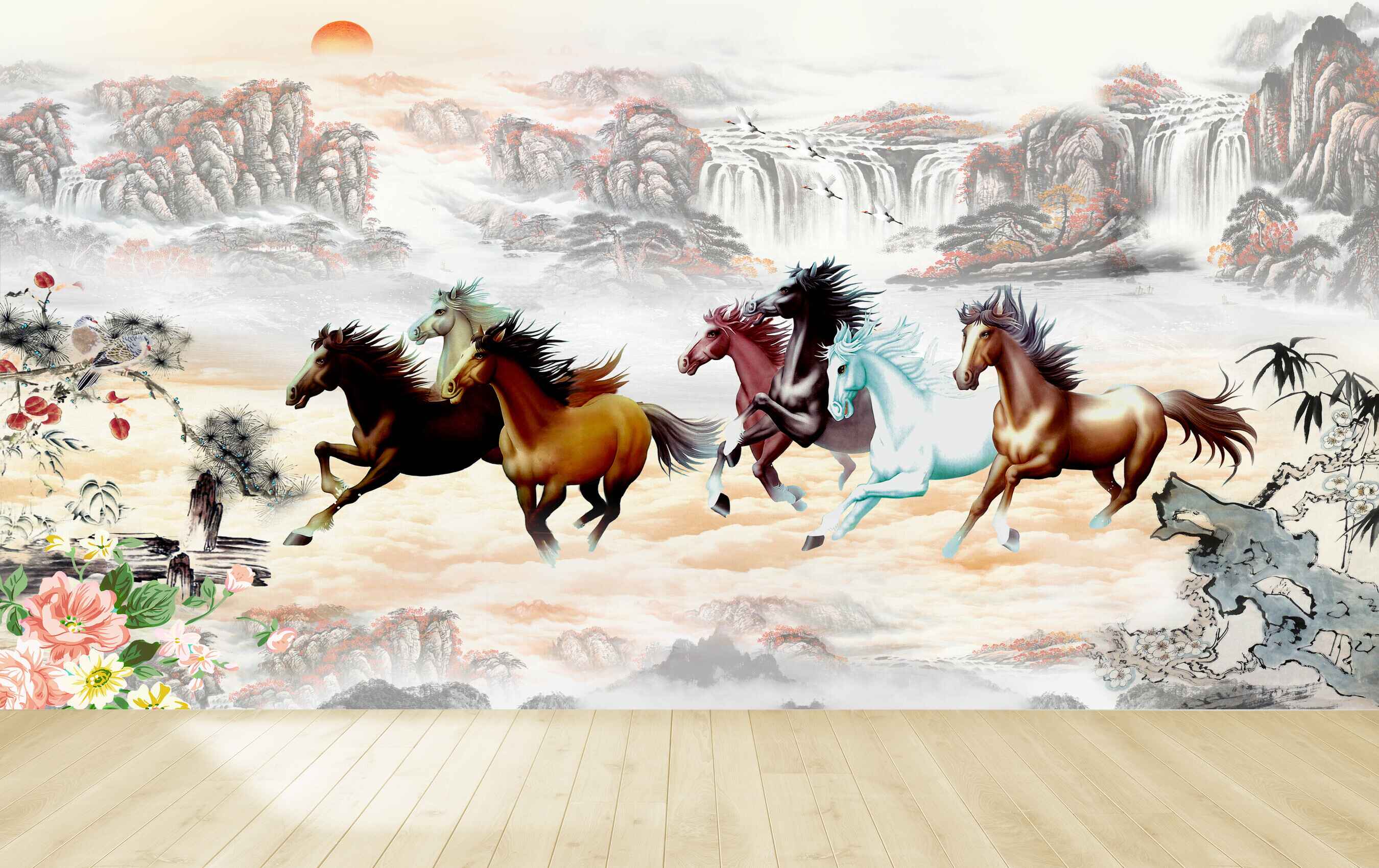 Avikalp MWZ3770 Sun Mountains Seven 7 Horses Flowers Leaves HD Wallpaper Avikalp MWZ3770 Sun Mountains Seven 7 Horses Flowers Leaves HD Wallpaper