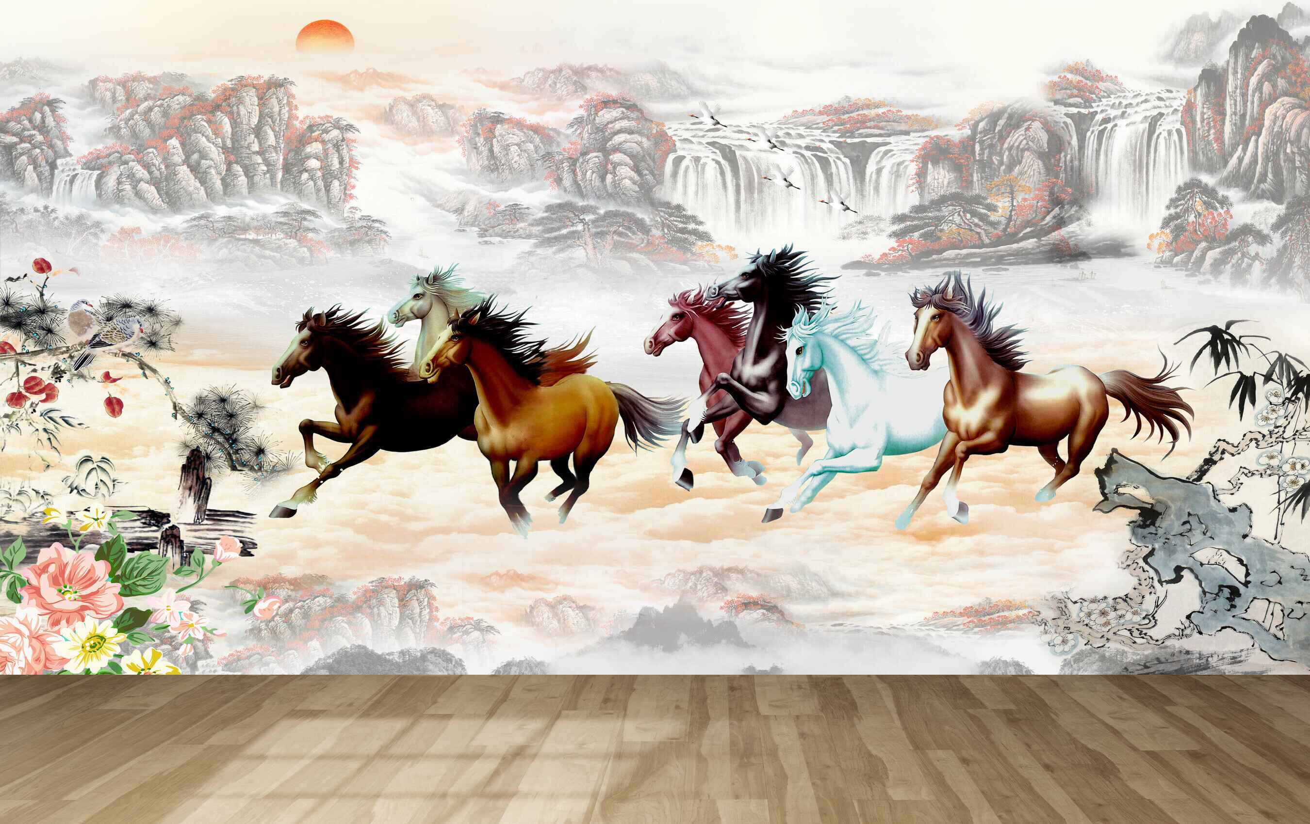 Avikalp MWZ3770 Sun Mountains Seven 7 Horses Flowers Leaves HD Wallpaper Avikalp MWZ3770 Sun Mountains Seven 7 Horses Flowers Leaves HD Wallpaper